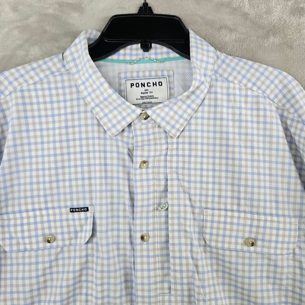 Poncho Outdoors Shirt Mens 3XL Blue Gingham Plaid Magnetic Pockets Regular Fit
